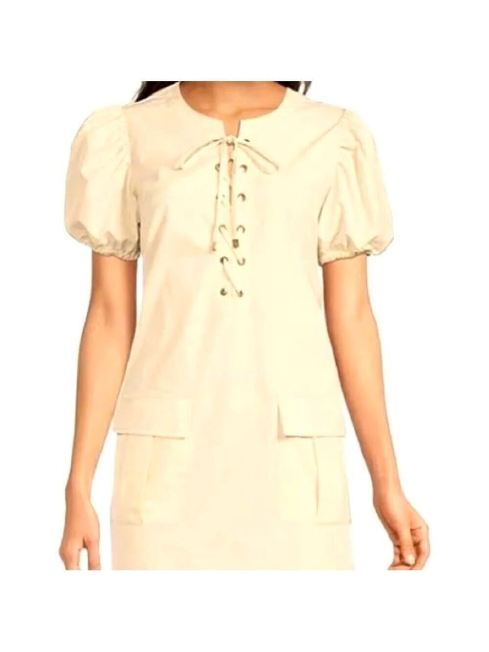 LDT Lace up round neck puff sleeves shift dress.  NWT Size 10. - Picture 2 of 8